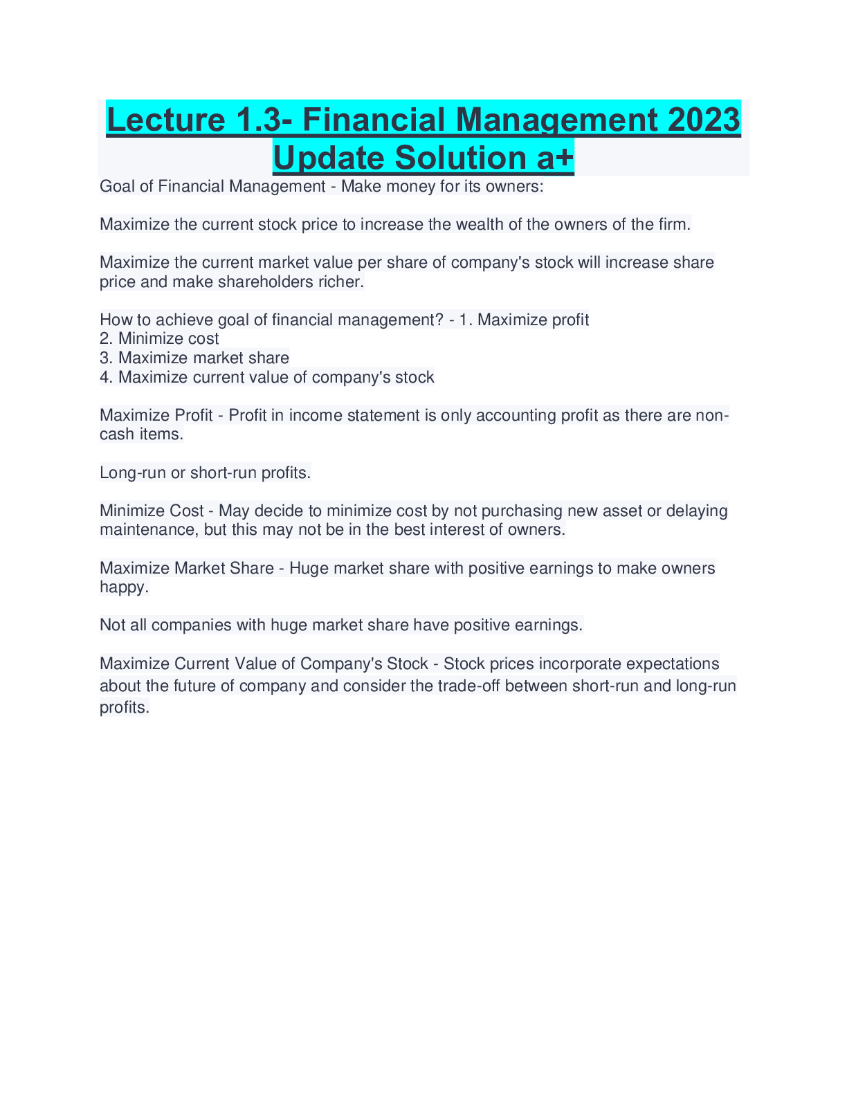 Preview image for Lecture 1.3- Financial Management 2023  Update Solution a+